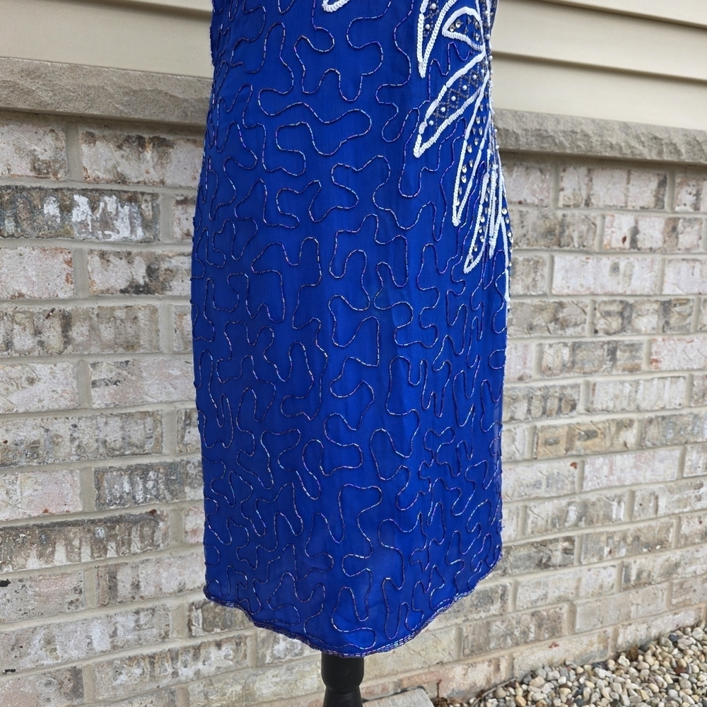 Vintage SWEELO Silk Beaded Blue Cocktail Dress 80s Art Deco Sheath M - Picture 4 of 16